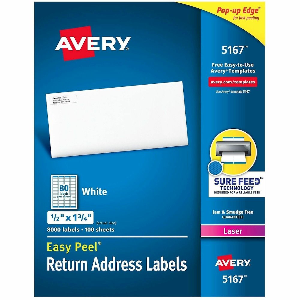 Avery&reg; Easy Peel Return Address Labels, 1/2"x1-3/4" 8,000 Labels (5167) - x 1/2" Width x 1 3/4" Length - Permanent Adhesive - Rectangle - Laser - Matte - White - Paper - 80 / Sheet - 100 Total She. Picture 1