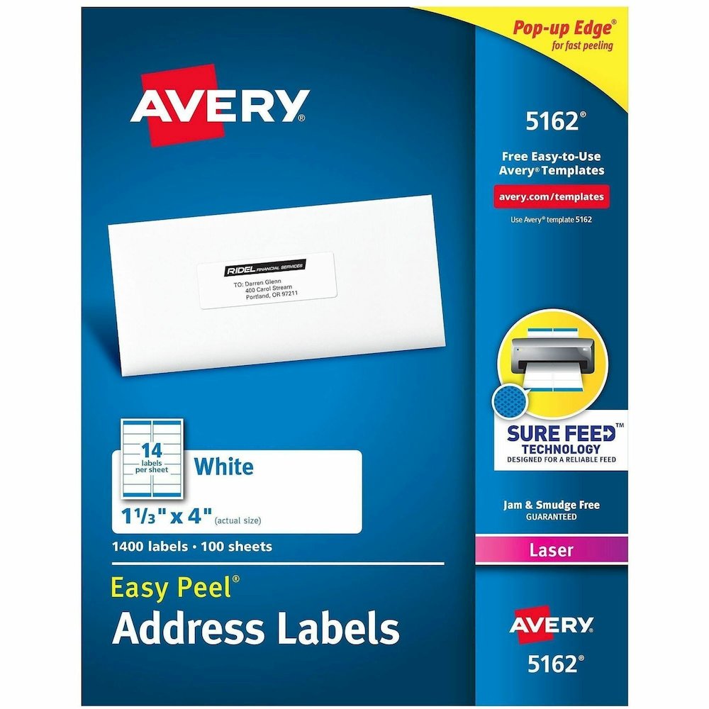 Avery&reg; Address Labels, 1-1/3" x 4" , White, 1,400ct (5162) - Waterproof - x 1 21/64" Width x 4" Length - Permanent Adhesive - Rectangle - Laser - Matte - White - Paper - 14 / Sheet - 100 Total She. Picture 1