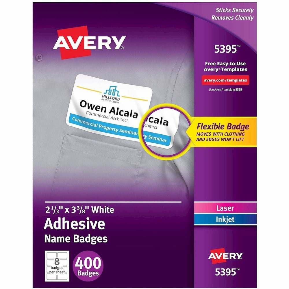 Avery&reg; Adhesive Name Badges - 2 21/64" Width x 3 3/8" Length - Removable Adhesive - Rectangle - Inkjet, Laser - Matte - White - Film - 8 / Sheet - 50 Total Sheets - 400 Total Label(s) - 400 / Box. Picture 1