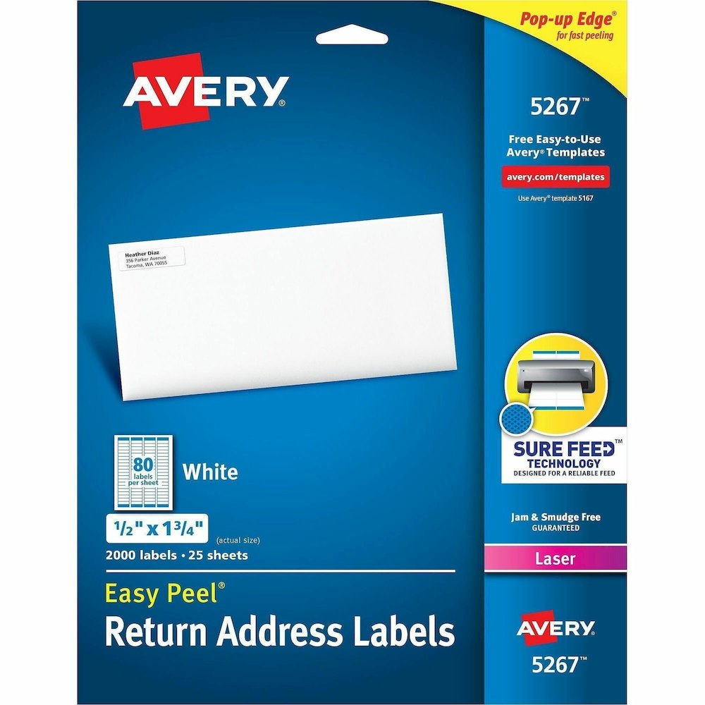 Avery&reg; Easy Peel Return Address Labels, 1/2"x1-3/4" 2,000 Labels (5267) - x 1/2" Width x 1 3/4" Length - Permanent Adhesive - Rectangle - Laser - Matte - White - Paper - 80 / Sheet - 25 Total Shee. Picture 1