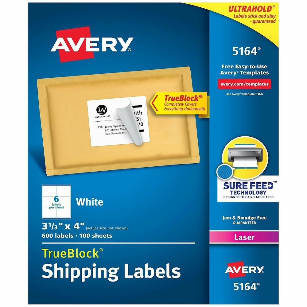 Avery&reg; Shipping Labels, 3-1/3" x 4" , White, 600ct (5164) - x 3 21/64" Width x 4" Length - Permanent Adhesive - Rectangle - Laser - Matte - White - Paper - 6 / Sheet - 100 Total Sheets - 600 Total. Picture 1