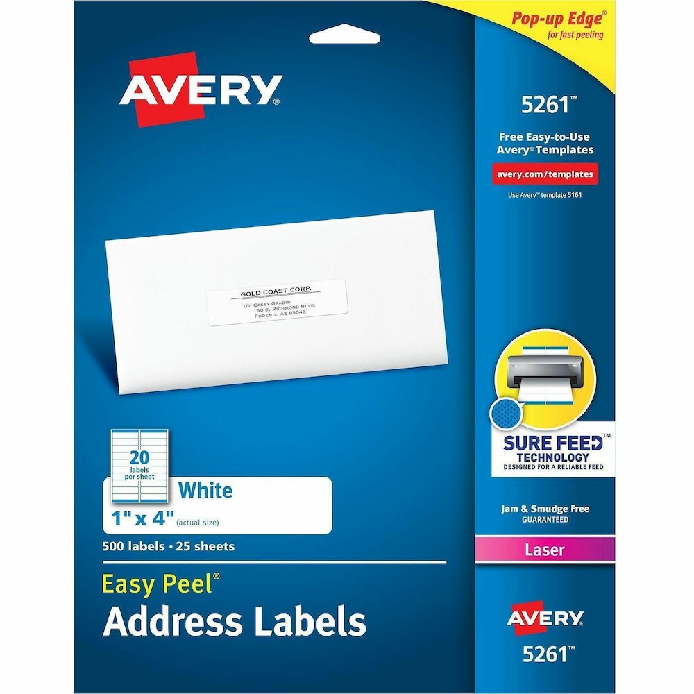 Avery&reg; Easy Peel Address Labels, 1" x 4" , 500 White Labels (5261) - x 1" Width x 4" Length - Permanent Adhesive - Rectangle - Laser - Matte White - White - Paper - 20 / Sheet - 25 Total Sheets - . Picture 1