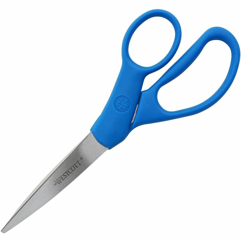 Westcott 7" Straight All Purpose Scissors - 3.25" Cutting Length - 7" Overall Length - Straight-left/right - Stainless Steel - Pointed Tip - Blue - 1 Each. Picture 1
