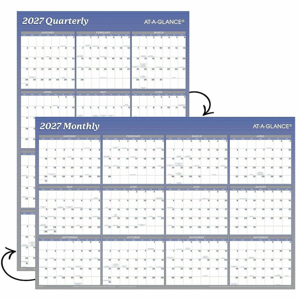 At-A-Glance Vertical Horizontal Reversible Erasable Wall Calendar - Large - Yearly - 12 Month - January 2026 to December 2026 - 36" x 24" Sheet Size - White Sheet - Blue - Laminate - 1 Each. Picture 1