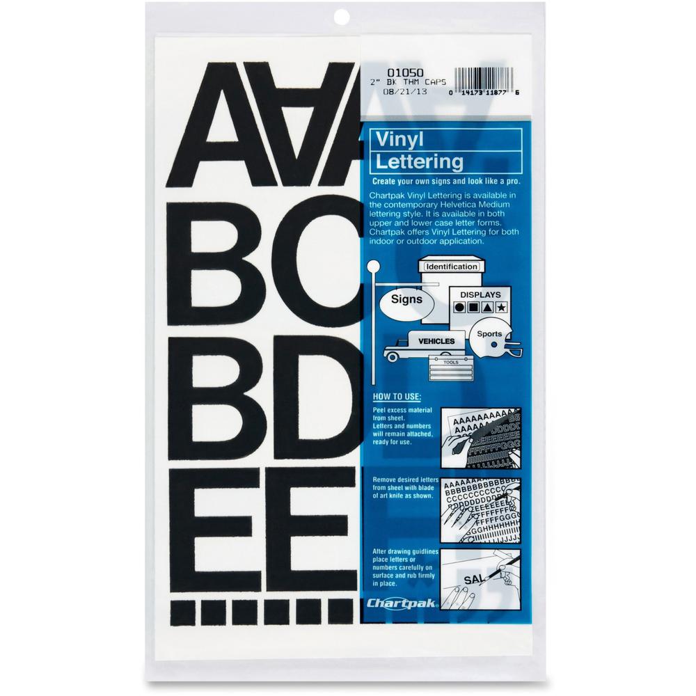 Chartpak Vinyl Helvetica Style Letters/Numbers - 10 x Numbers, 67 x Capital Letters Shape - Self-adhesive - Helvetica Style - Easy to Use - 2" Height - Black - Vinyl - 77 / Pack. Picture 1