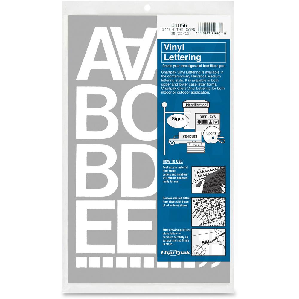 Chartpak Vinyl Helvetica Style Letters/Numbers - 10 x Numbers, 67 x Capital Letters Shape - Self-adhesive - Helvetica Style - Easy to Use - 2" Height x 12" Length - White - Vinyl - 1 / Pack. Picture 1