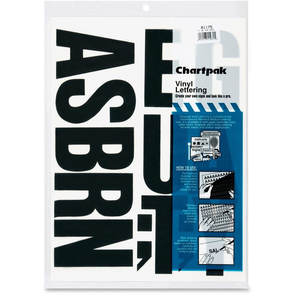 Chartpak Capital Letters - 58 x Capital Letters Shape - Self-adhesive - Helvetica Style - Easy to Use - 4" Height - Black - Vinyl - 58 / Pack. Picture 1