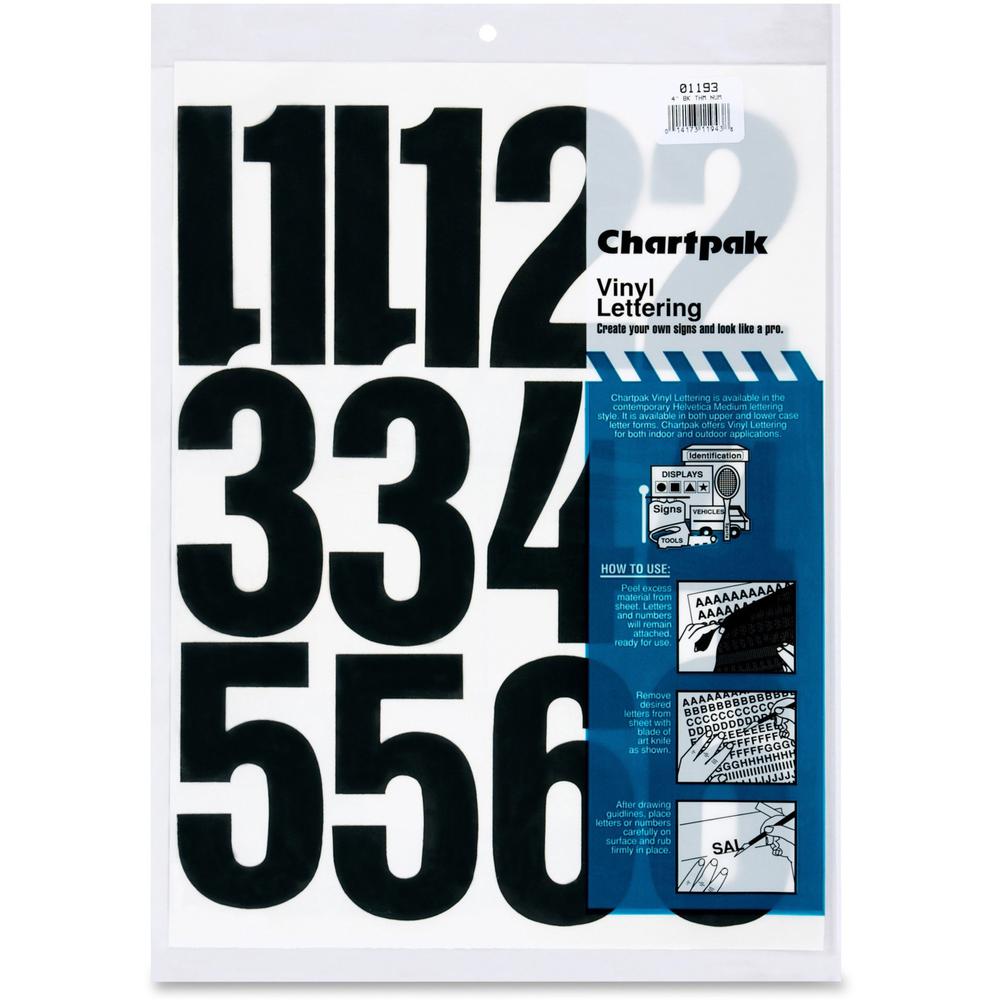 Chartpak Permanent Adhesive Vinyl Numbers - 23 x Numbers Shape - Self-adhesive - Helvetica Style - Easy to Use - 4" Height - Black - Vinyl - 23 / Pack. Picture 1
