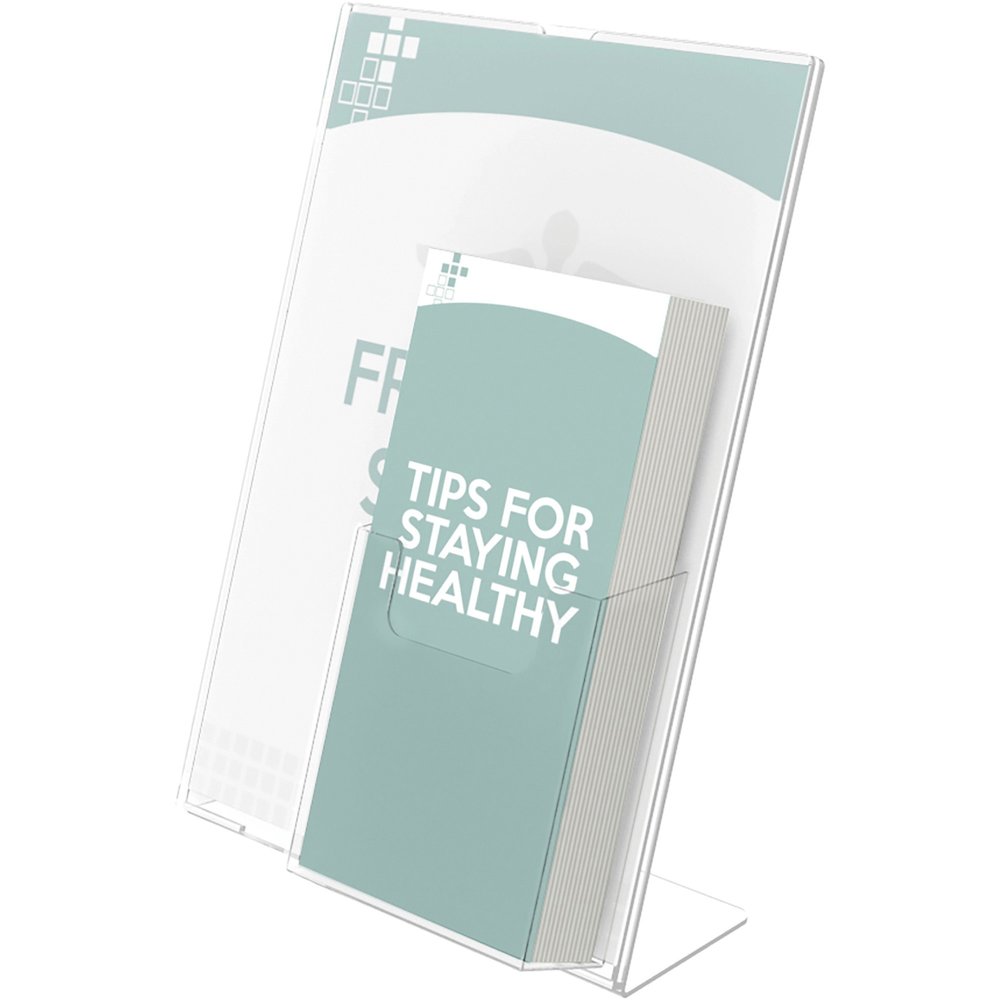 Deflecto 4" Pocket Slanted Plastic Sign Holder - 11" Width x 8.5" Height - Rectangular Shape - Plastic - Clear - 1 Each. Picture 1