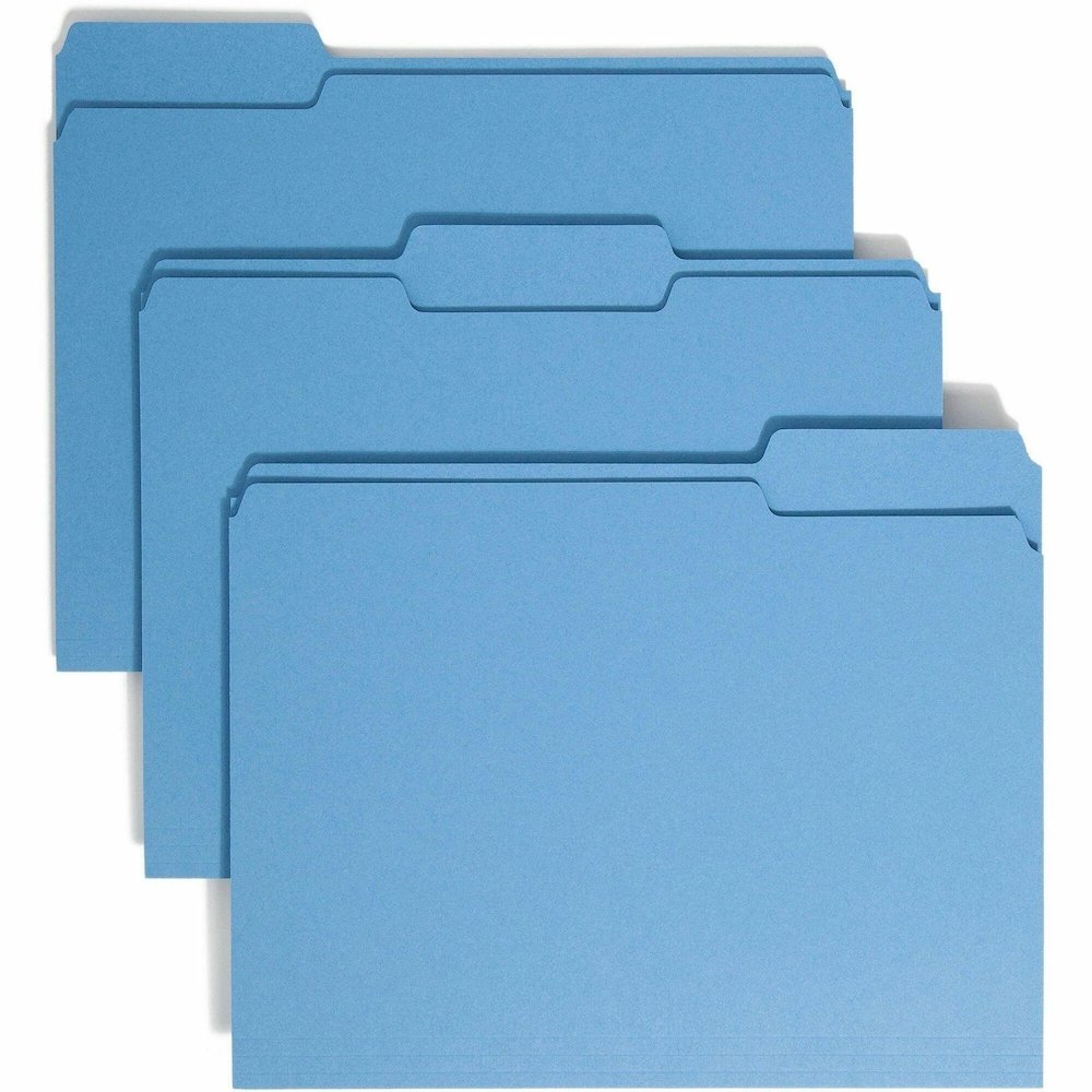 Smead 1/3 Tab Cut Letter Recycled Top Tab File Folder - 8 1/2" x 11" - 3/4" Expansion - Top Tab Location - Assorted Tab Position - 11 pt. - 1 Plys - Blue - Rounded Corner - 10% Recycled - 100 / Box. Picture 1