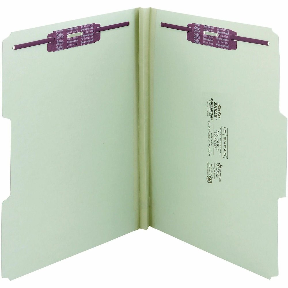 Smead 1/3 Tab Cut Letter Recycled Fastener Folder - 8 1/2" x 11" - 1" Expansion - 2 x 2S Fastener - 2" for Folder - Top Tab Location - Assorted Tab Position - 25 pt. - Pressboard - Gray, Green - 100% . Picture 1