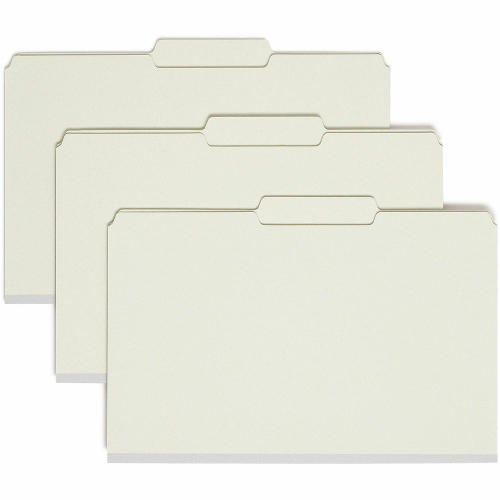 Smead 2/5 Tab Cut Legal Recycled Fastener Folder - 8 1/2" x 14" - 2" Expansion - 2 x 2S Fastener - 2" for Folder - Top Tab Location - Right of Center Tab Position - 25 pt. - Pressboard - Gray, Green -. Picture 1