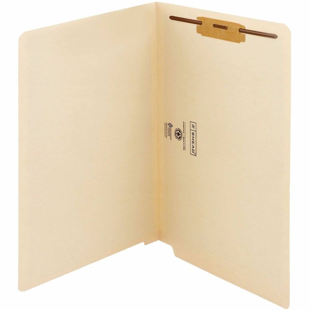 Smead Straight Tab Cut Legal Yes Fastener Folder - 8 1/2" x 14" - 3/4" Expansion - 1 x 2B Fastener - 2" for Folder - End Tab Location - 11 pt. - 2 Plys - Manila - Reinforced Tab, Embossed - 10% Recycl. Picture 1