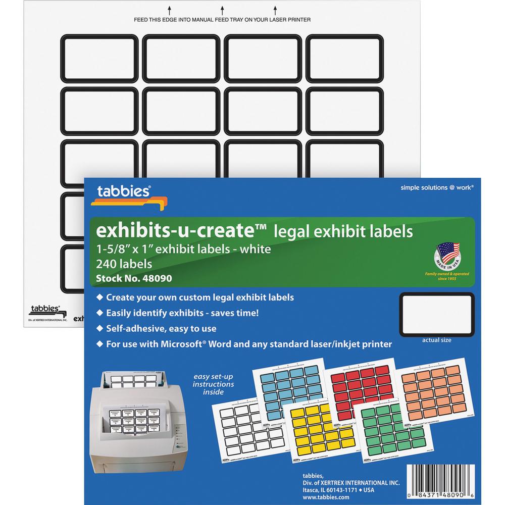 Tabbies Legal Exhibits-U-Create 1" Labels - 1 5/8" Width x 1" Length - Laser - White - 20 / Sheet - 240 / Pack. Picture 1