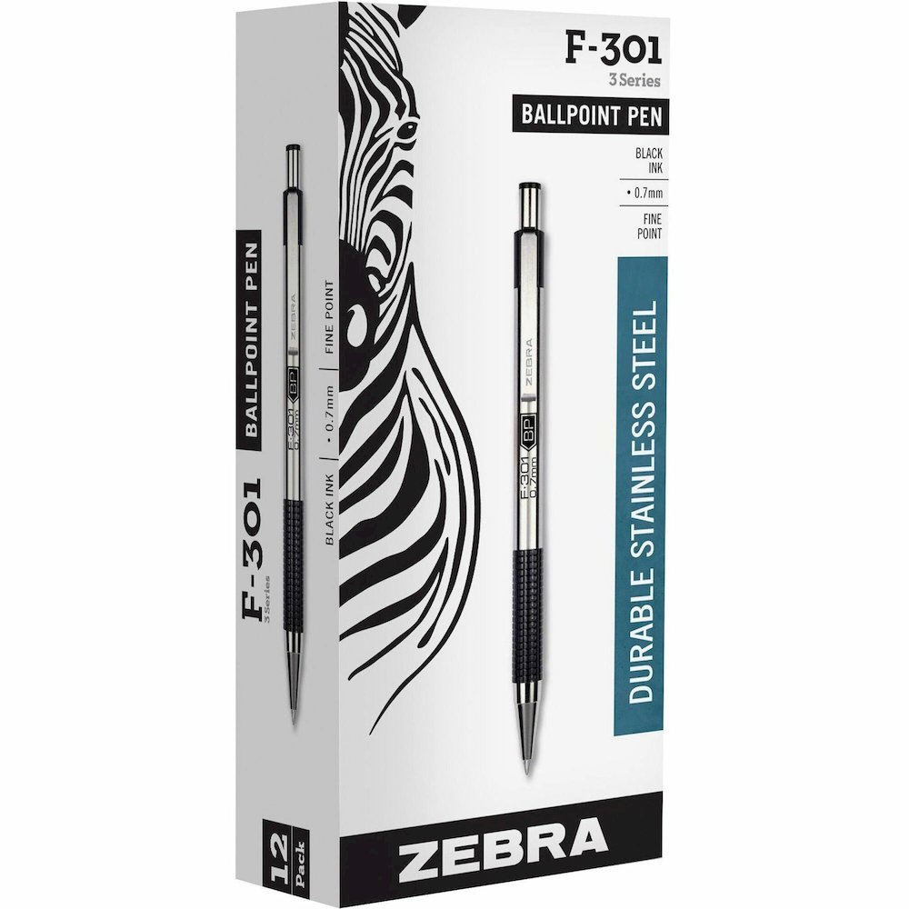 Zebra STEEL 3 Series F-301 Retractable Ballpoint Pen - Refillable - Retractable - Black Ink - Stainless Steel Stainless Steel Barrel - 1 Dozen. Picture 1