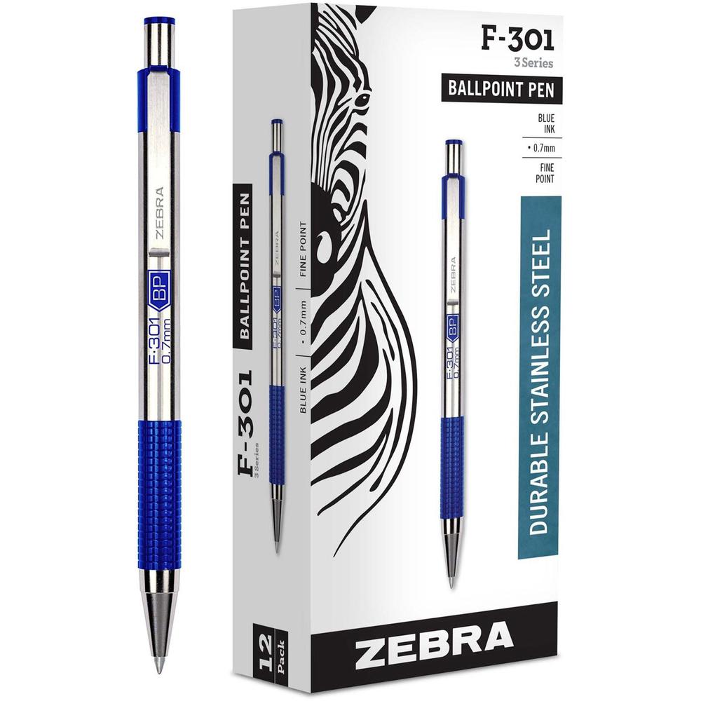 Zebra Pen F-301 Stainless Steel Ballpoint Pens - Fine Pen Point - 0.7 mm Pen Point Size - Refillable - Retractable - Blue - Stainless Steel Stainless Steel Barrel - 1 Dozen. Picture 1