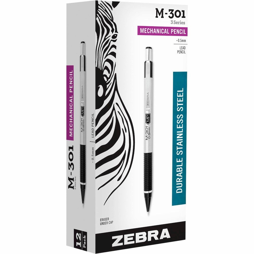Zebra STEEL 3 Series M-301 Mechanical Pencil - 0.5 mm Lead - Refillable - Black Stainless Steel Barrel - 1 Dozen. Picture 1