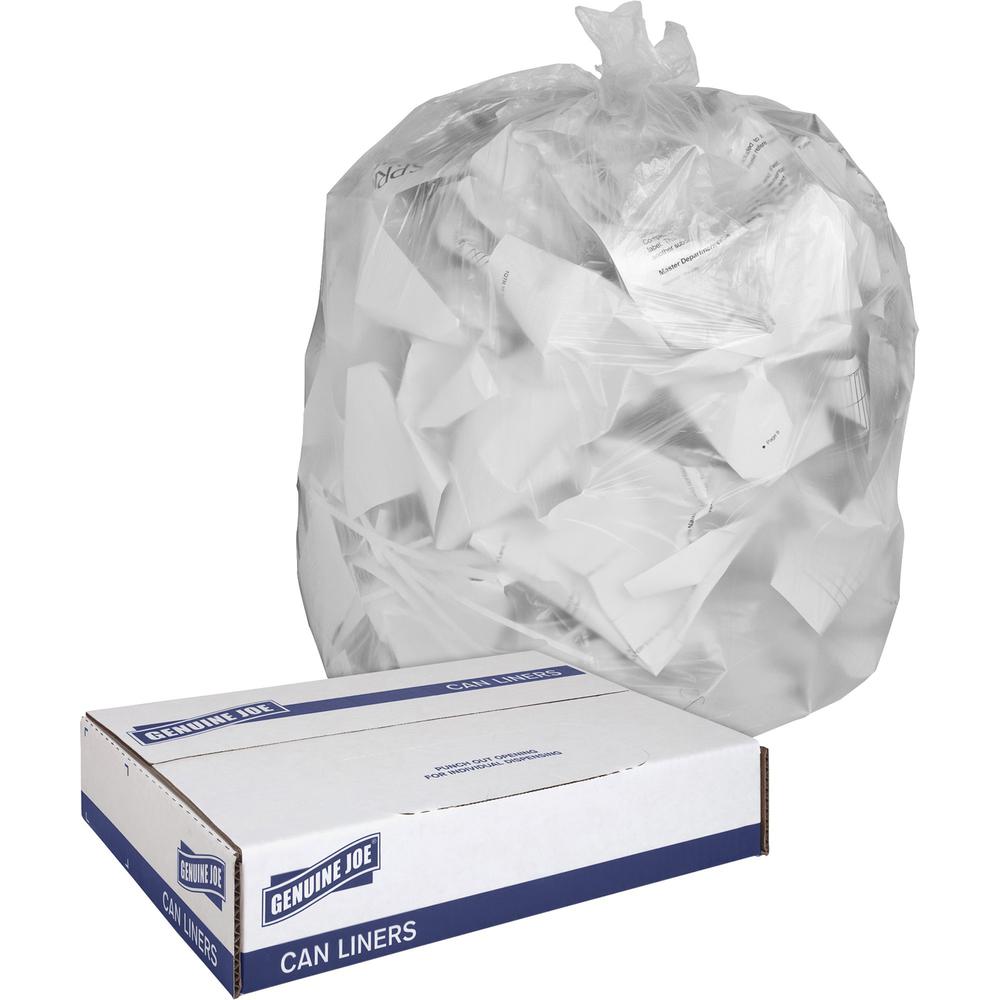 Genuine Joe Clear Trash Can Liners - Medium Size - 30 gal Capacity - 36" Length x 30" Width x 0.60 mil (15 Micron) Thickness - Low Density - Clear - 250/Box - 1 Carton. Picture 1