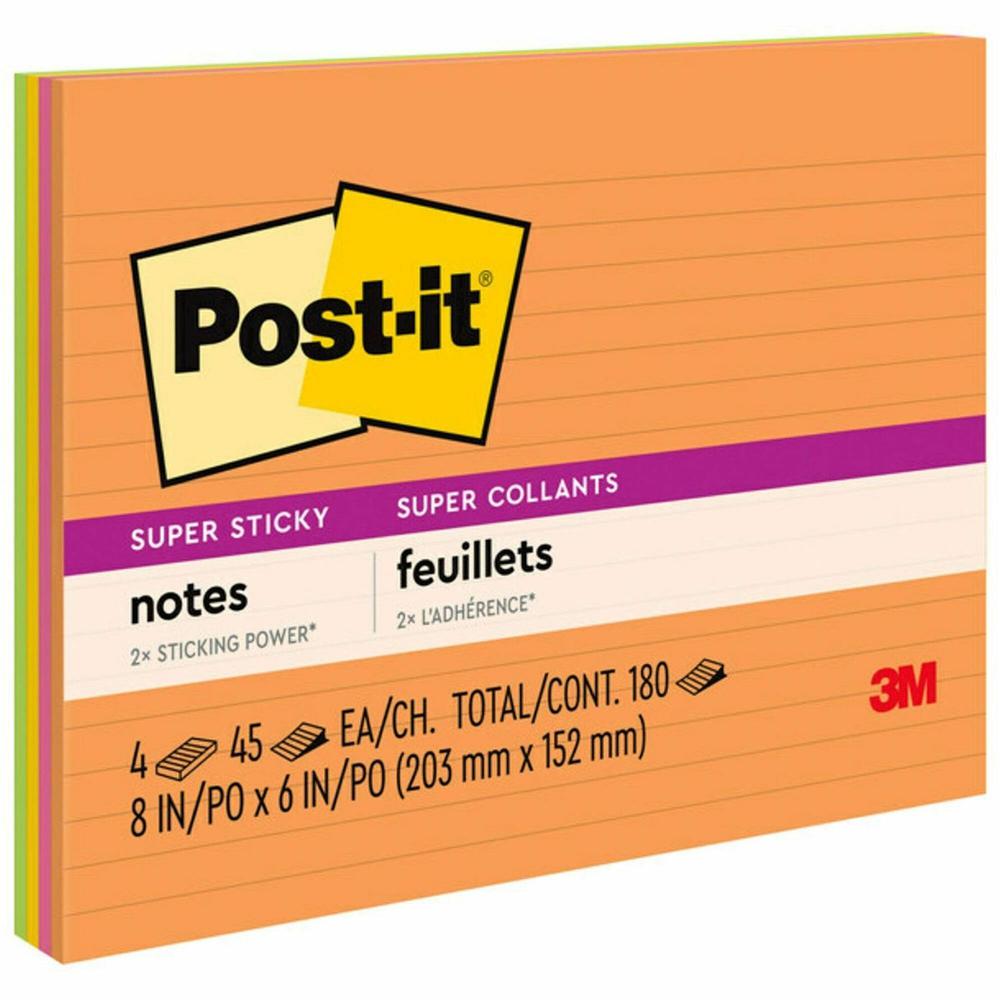 Post-it&reg; Super Sticky Lined Meeting Notepads - 180 - 6" x 8" - Rectangle - 45 Sheets per Pad - Ruled - Vital Orange, Tropical Pink, Sunnyside, Limeade - Paper - Self-adhesive - 4 / Pack. Picture 1