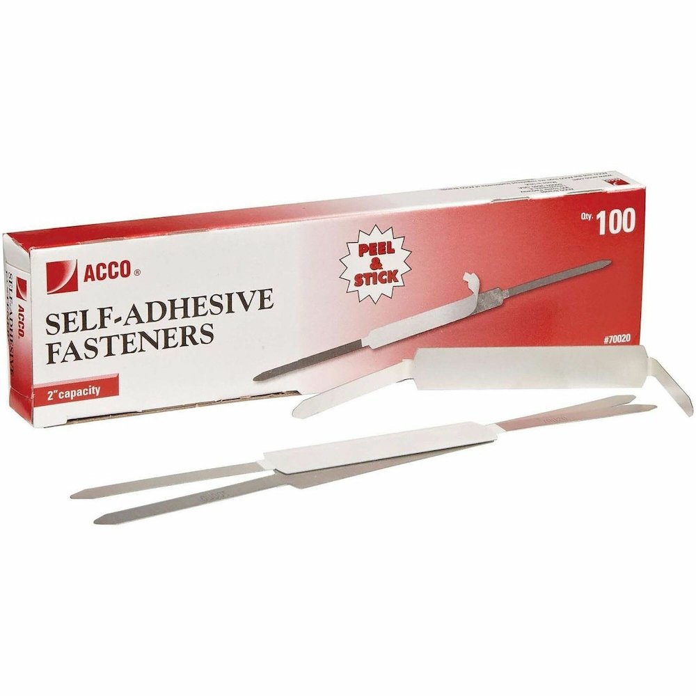 ACCO Self-Adhesive Fasteners - 2.70" Size Capacity - Self-adhesive, Coined Edge - Steel - 100 / Box. Picture 1