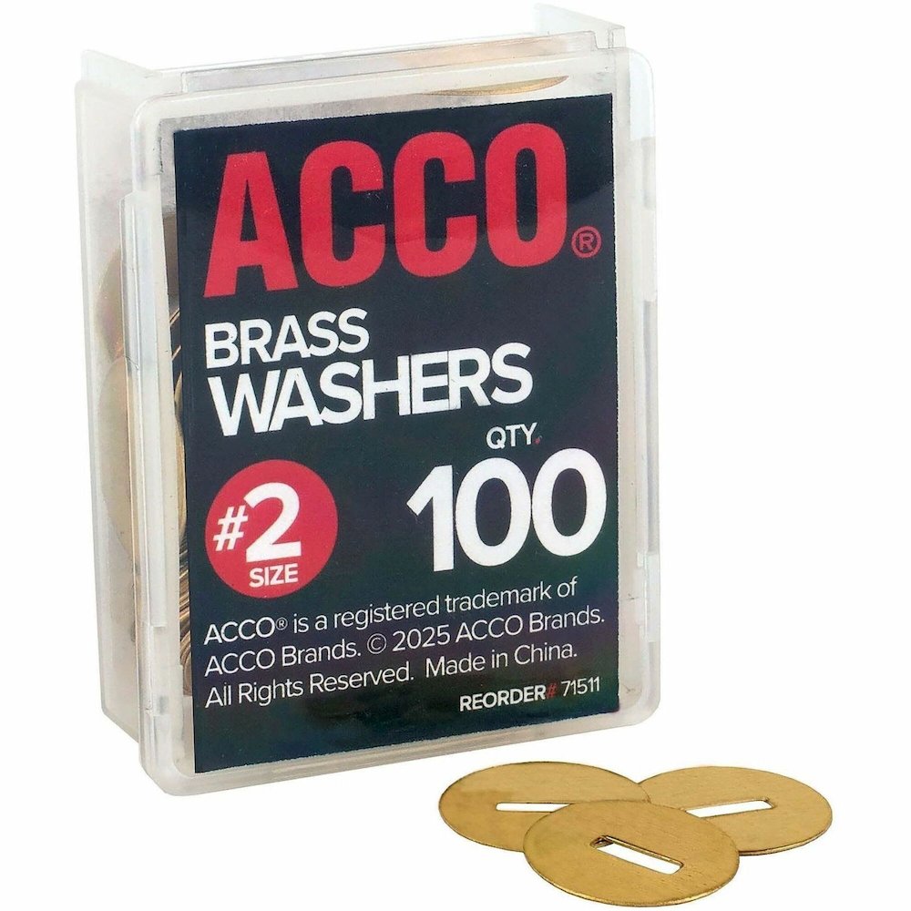ACCO Brass Fastener Washers - 0.5" Diameter - Corrosion Resistant - Brass - 100 / Box. Picture 1