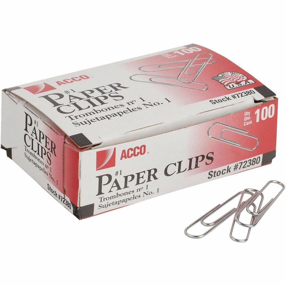 ACCO Premium Paper Clips - No. 1 - 10 Sheet Capacity - Strain Resistant, Galvanized, Corrosion Resistant - Silver - Metal, Zinc Plated - 100/Box - 10 / Pack. Picture 1