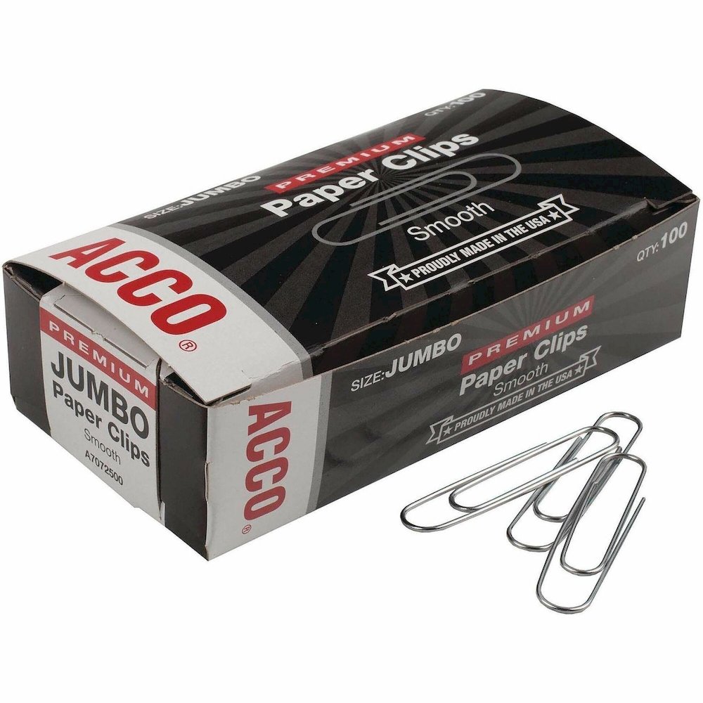 ACCO Premium Jumbo Smooth Paper Clips - Jumbo - 2.3" Width - 1.88" Size Capacity - 20 Sheet Capacity - Corrosion Resistant, Galvanized, Long Lasting - Silver - Metal - 100/Box - 10 / Pack. Picture 1