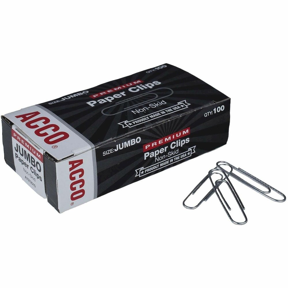 ACCO Premium Jumbo Non-Skid Paper Clips - Jumbo - 20 Sheet Capacity - Non-skid, Galvanized, Corrosion Resistant, Long Lasting - Silver - Metal, Zinc Plated - 100/Box - 10 / Pack. Picture 1