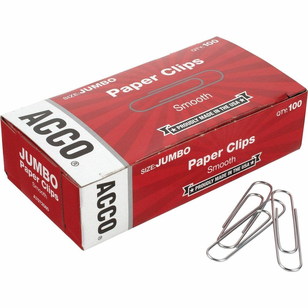 ACCO Economy Jumbo Smooth Paper Clips - Jumbo - 2" Length x 0.5" Width - 20 Sheet Capacity - Galvanized, Corrosion Resistant - Silver - Metal, Zinc Plated - 100/Box - 10 / Pack. Picture 1