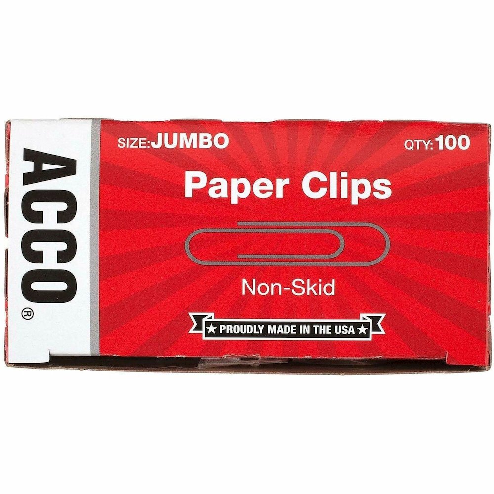 ACCO Economy Jumbo Non-Skid Paper Clips - Jumbo - 2" Length x 0.5" Width - 20 Sheet Capacity - Non-skid, Galvanized, Corrosion Resistant - Silver - Metal, Zinc Plated - 100/Box - 1000 / Pack. Picture 1