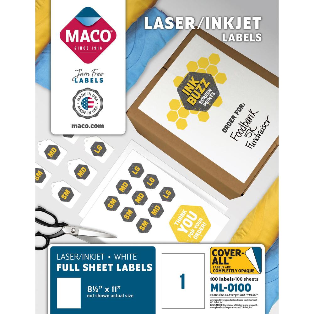 MACO White Laser/Ink Jet Full Sheet Label - 8 1/2" Width x 11" Length - Rectangle - Laser, Inkjet - White - 100 / Box - Lignin-free. Picture 1