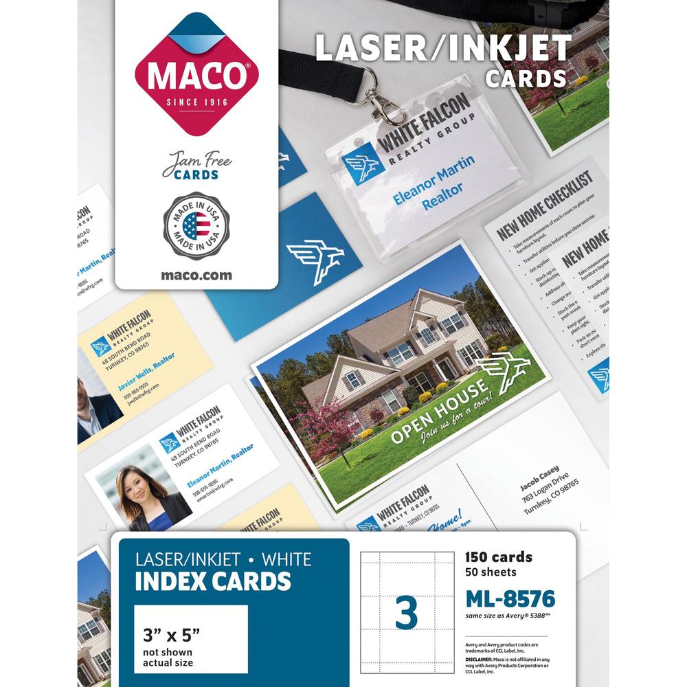 MACO Micro-perforated Laser/Ink Jet Unruled Index Cards - 5" x 3" - 150 / Box - Micro Perforated - White. Picture 1
