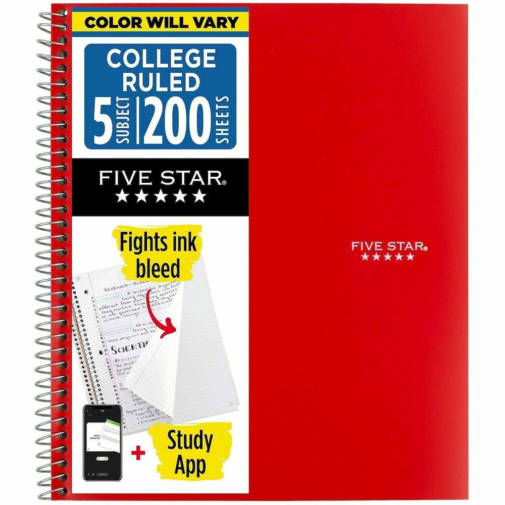 Mead Five-Star Wirebound 5-Subject Notebook - 200 Sheets - Wire Bound - 11" x 8 1/2" Sheet Size - White Paper - Assorted Cover - Pocket, Stiff-back, Perforated, Pocket Divider, Heavyweight, Subject, S. Picture 1