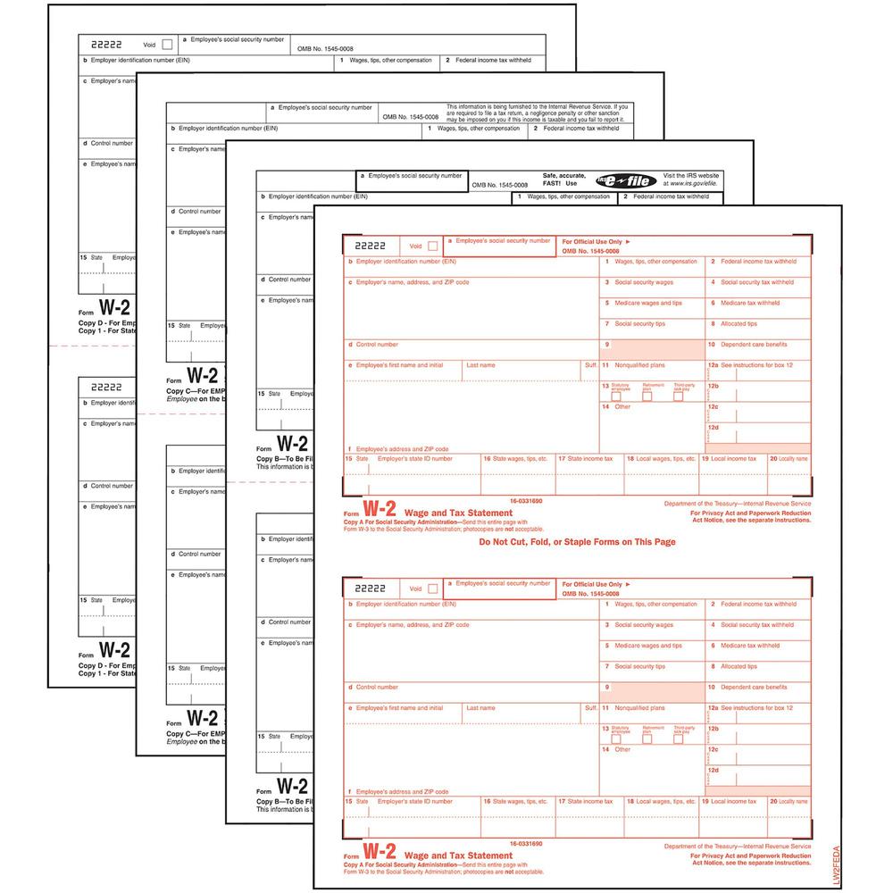 TOPS Laser W-2 Forms Kits - 4 PartCarbonless Copy - 5.50" x 8.50" Sheet Size - White Sheet(s) - 50 / Pack. Picture 1