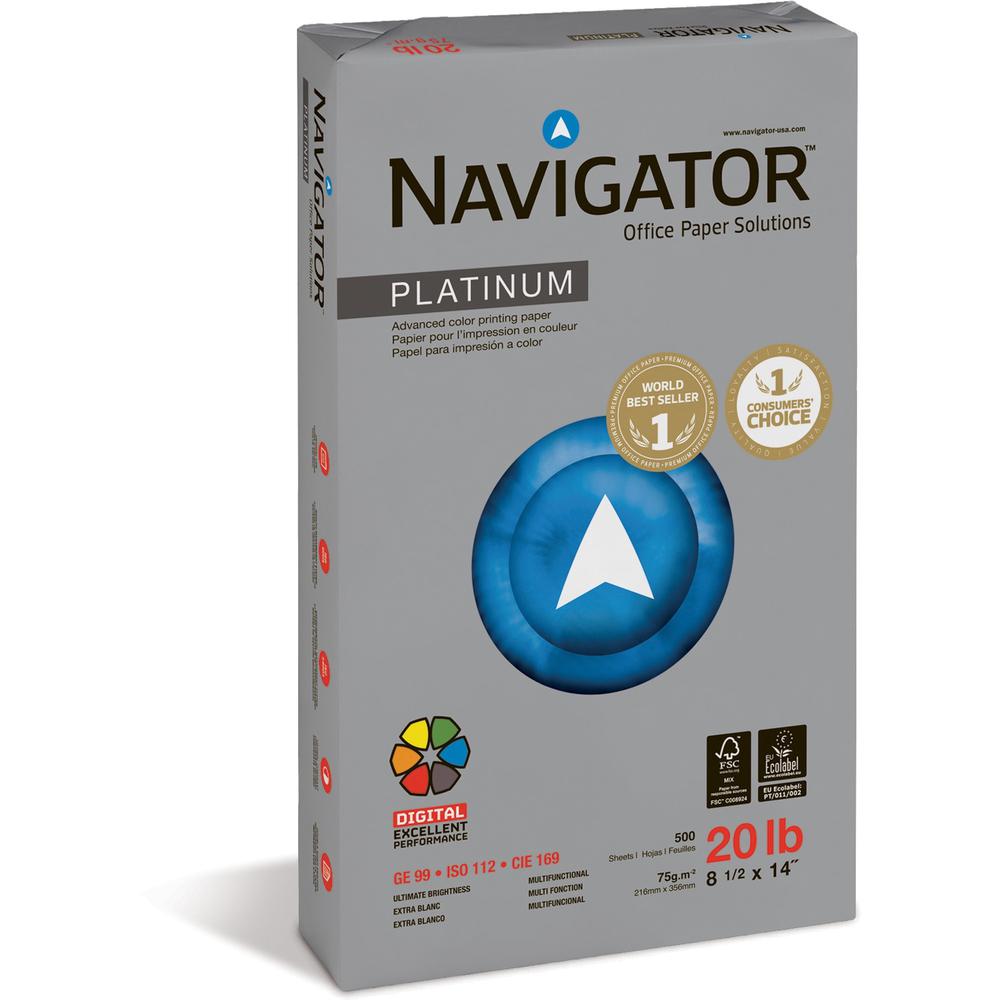 Navigator Platinum Office Multipurpose Paper - Bright White - 99 Brightness - Legal - 8 1/2" x 14" - 20 lb Basis Weight - Smooth - Chlorine-free - Bright White - 500 Sheets per Ream - 10 / Carton. Picture 1