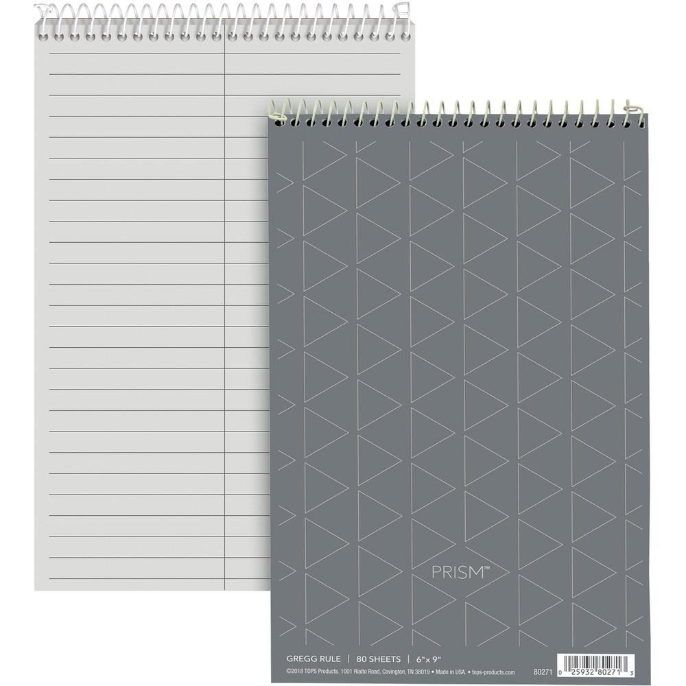 TOPS Prism Steno Books - 80 Sheets - Coilock - Gregg Ruled Margin - 6" x 9" Sheet Size - Gray Paper - Stiff-back, Perforated - 4 / Pack. Picture 1
