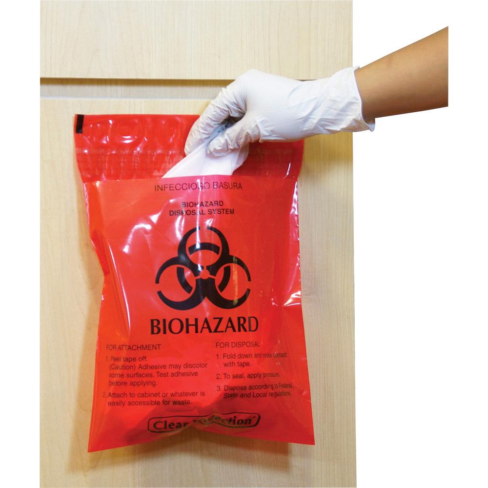 CareTek Stick-On Biohazard Infectious Waste Bags - 1.40 quart Capacity - 14" Length x 12" Width x 2 mil (51 Micron) Thickness - Red - 100 / Box. Picture 1