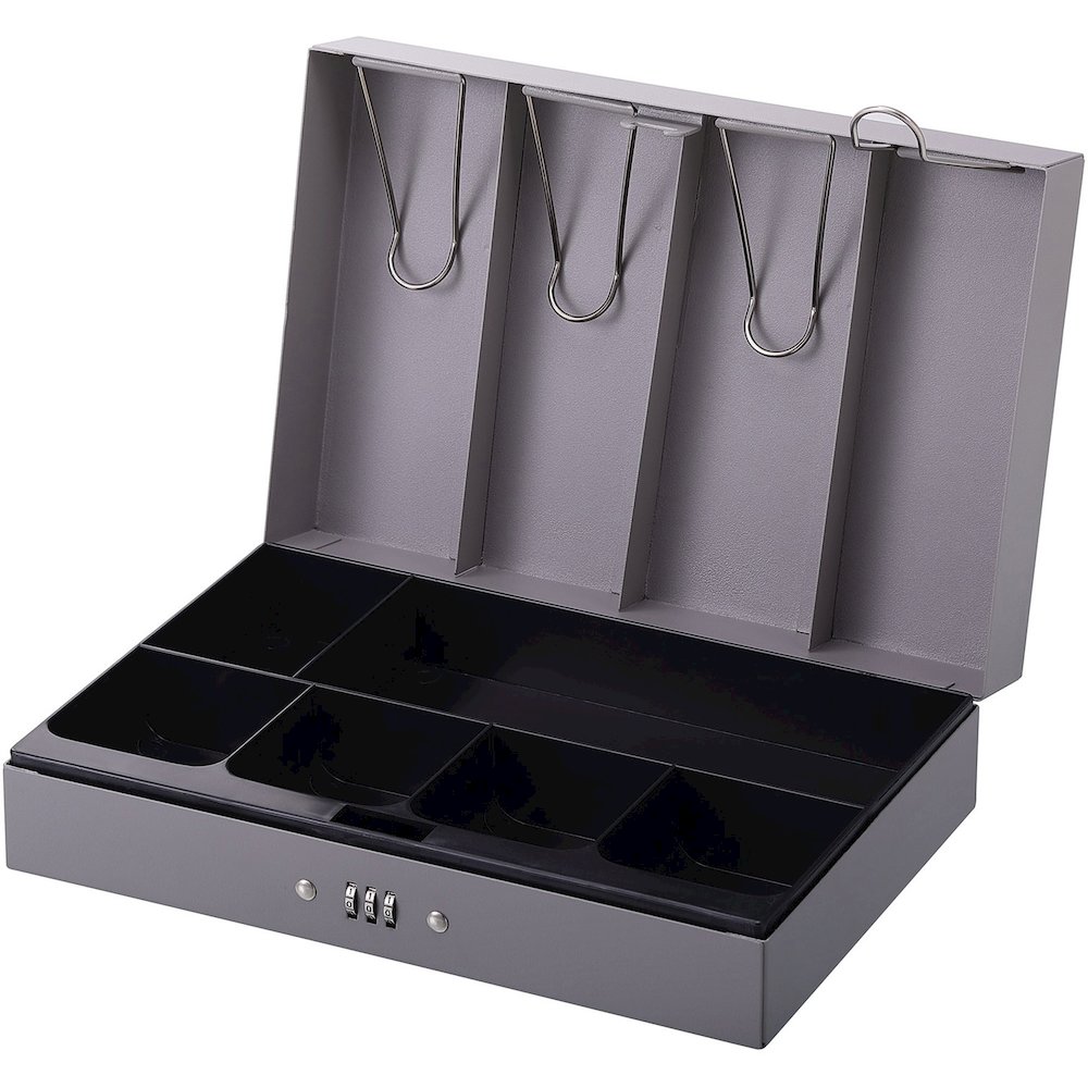 Sparco Steel Combination Lock Steel Cash Box - 6 Coin - Steel - Gray - 3.2" Height x 11.5" Width x 7.8" Depth. Picture 1