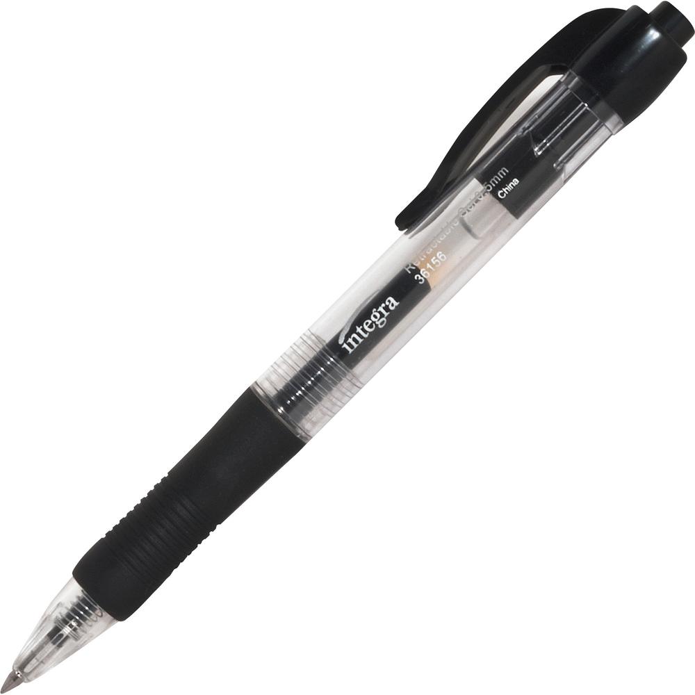Integra Retractable 0.5mm Gel Pens - Retractable - Black Ink - Gel-based - Black Barrel - Metal Tip - 1 Dozen. Picture 1