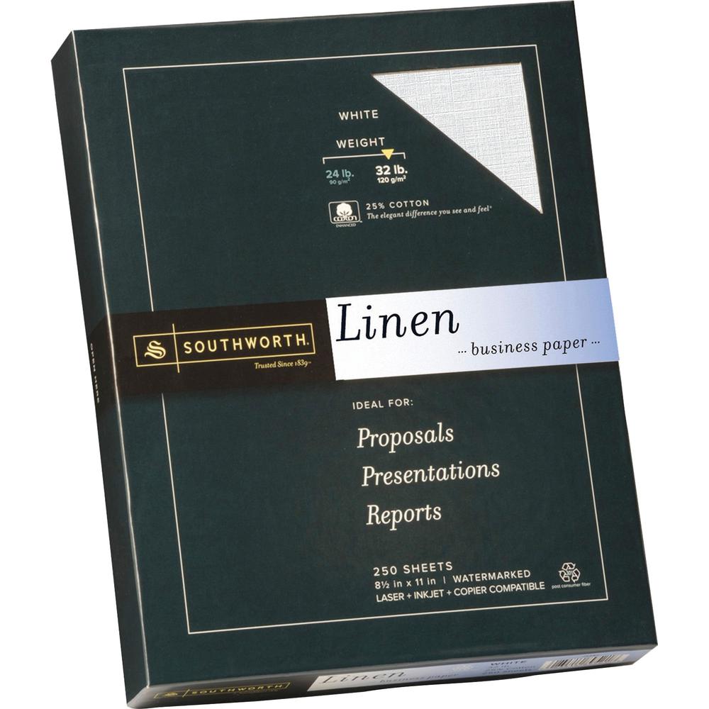 Southworth Linen Business Paper - Letter - 8 1/2" x 11" - 32 lb Basis Weight - Linen, Textured - 250 / Box - Acid-free, Watermarked, Date-coded - White. Picture 1