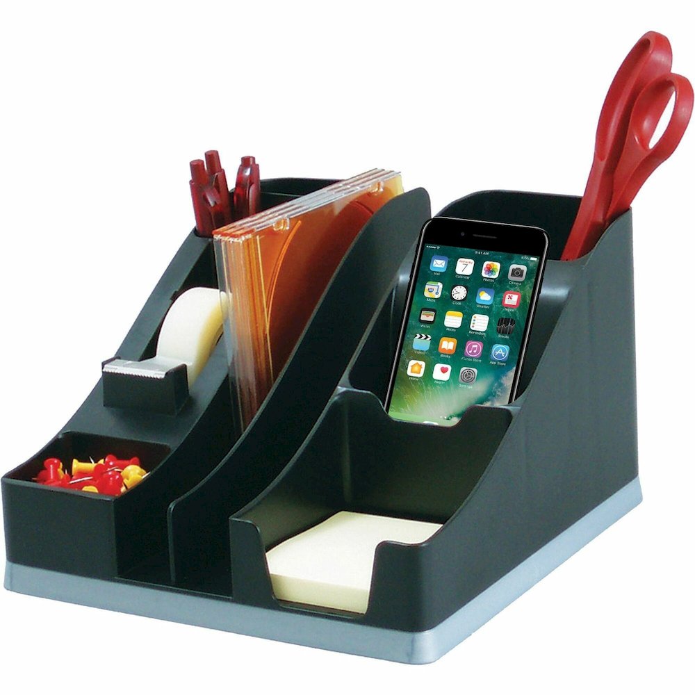 Deflecto Silouettes All-in-One Caddy - 6 Compartment(s) - 5.19" Height x 8.13" Width x 9.13" Depth - Desktop - Cable Management, Removable Divider - Silver - 1 Each. Picture 1