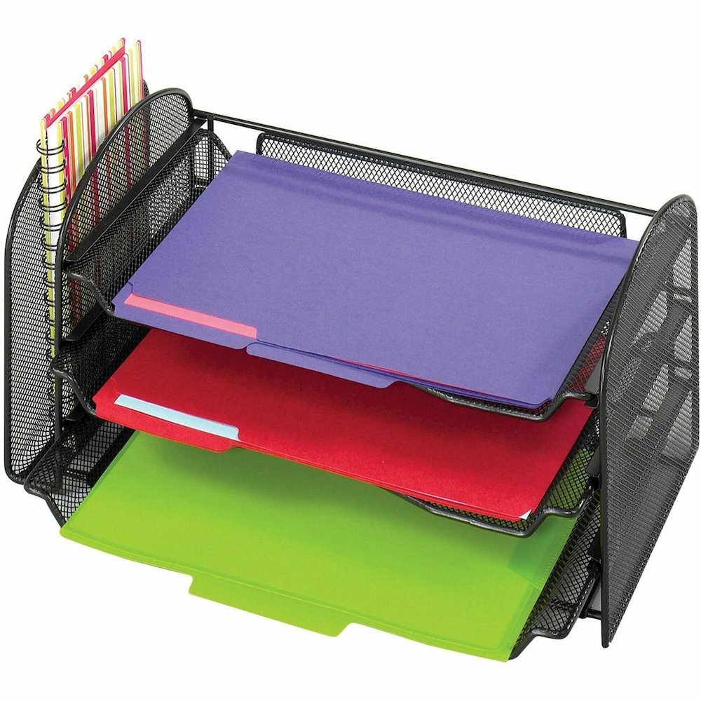 Safco Onyx 1 Upright/3 Tray Mesh Desk Organizer - 1 Pocket(s) - 8" Height x 17.25" Width x 9" Depth - Desktop - Black - 1 Each. Picture 1