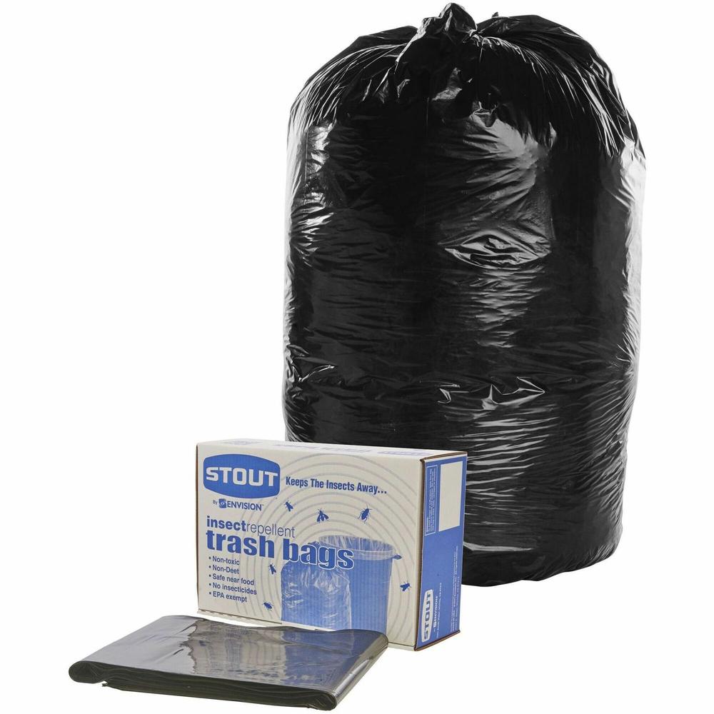 Stout Insect Repellent Trash Bags - 55 gal Capacity - 37" Width x 52" Length - 2 mil (51 Micron) Thickness - Black - Polyethylene - 65/Carton - Recycled. Picture 1