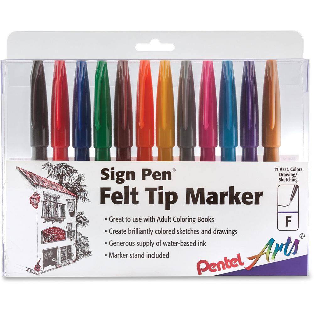 Pentel Arts Fiber-tipped Sign Pens - Bold Pen Point - Assorted Water Based Ink - Black Barrel - Fiber Tip - 12 / Pack. Picture 1