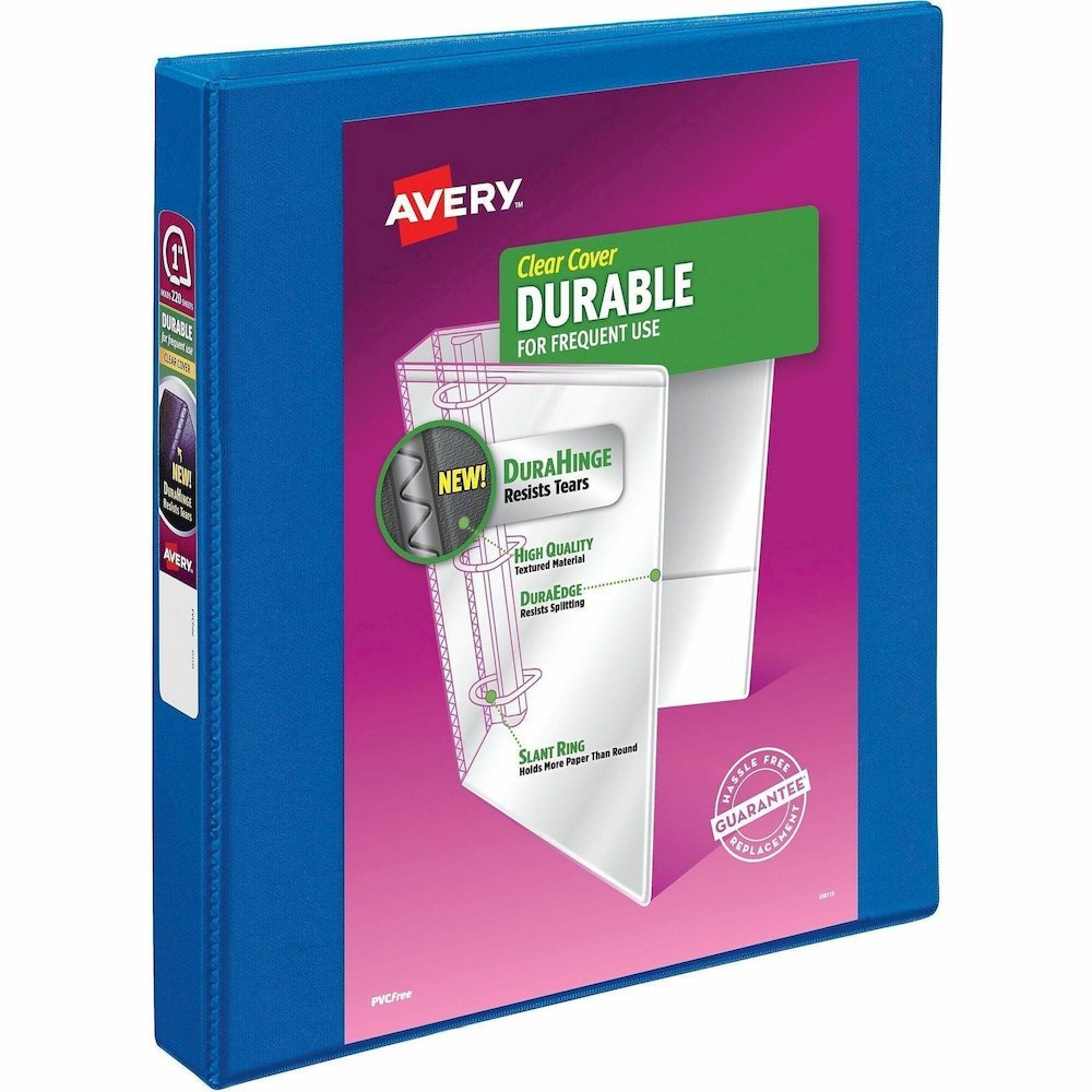 Avery&reg; Durable View 1.5" Binder, Blue Binder (17024) - 1" Binder Capacity - Letter - 8 1/2" x 11" Sheet Size - 250 Sheet Capacity - 1 2/5" Spine Width - 3 x 1" Ring - Fastener: Slant Ring - Pocket. Picture 1