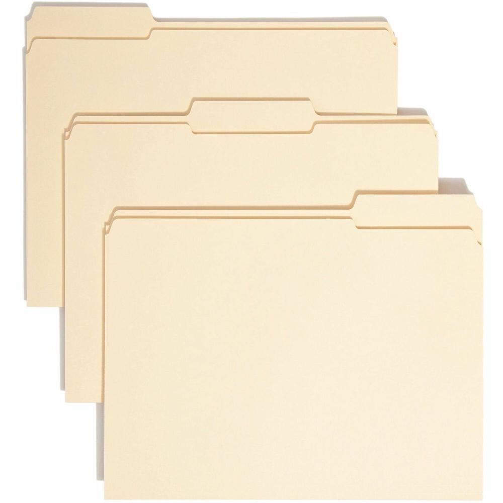 Smead 1/3 Tab Cut Letter Recycled Top Tab File Folder - 8 1/2" x 11" - Top Tab Location - Assorted Position Tab Position - Manila - Manila - 100% Recycled - 100 / Box. Picture 1