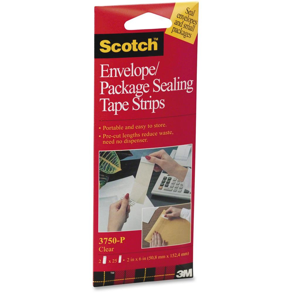 Scotch Envelope/Package Sealing Tape Strips - 6" Length x 2" Width x 3.1 mil Thickness - 3" Core - Clear - Synthetic Rubber Backing - Split Resistant, Moisture Resistant - For Protecting, Sealing, Pac. Picture 1