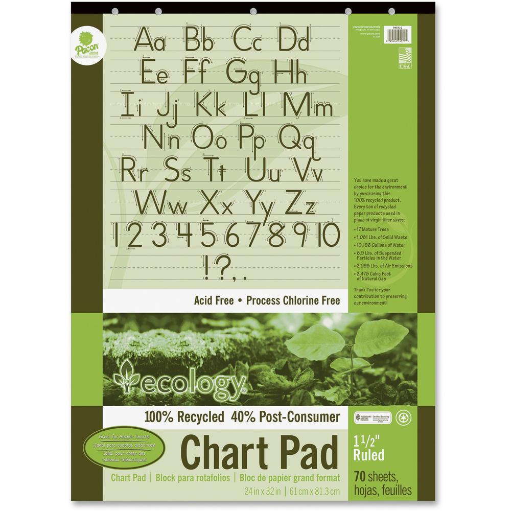 Decorol Recycled Chart Pad - 70 Sheets - Strip - Front Ruling Surface - Ruled - 1.50" Ruled - 24" x 32" - White Paper - Manuscript Cover - Eco-friendly, Acid-free, Padded, Tab, Chipboard Backing, Hole. Picture 1