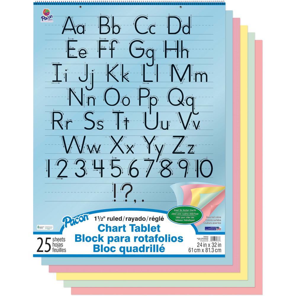 Pacon Colored Paper Chart Tablet - 25 Sheets - 1.50" Ruled - 24" x 32" - 24" x 32" - Assorted Paper - Punched, Spiral Bound - 1 Each. Picture 1