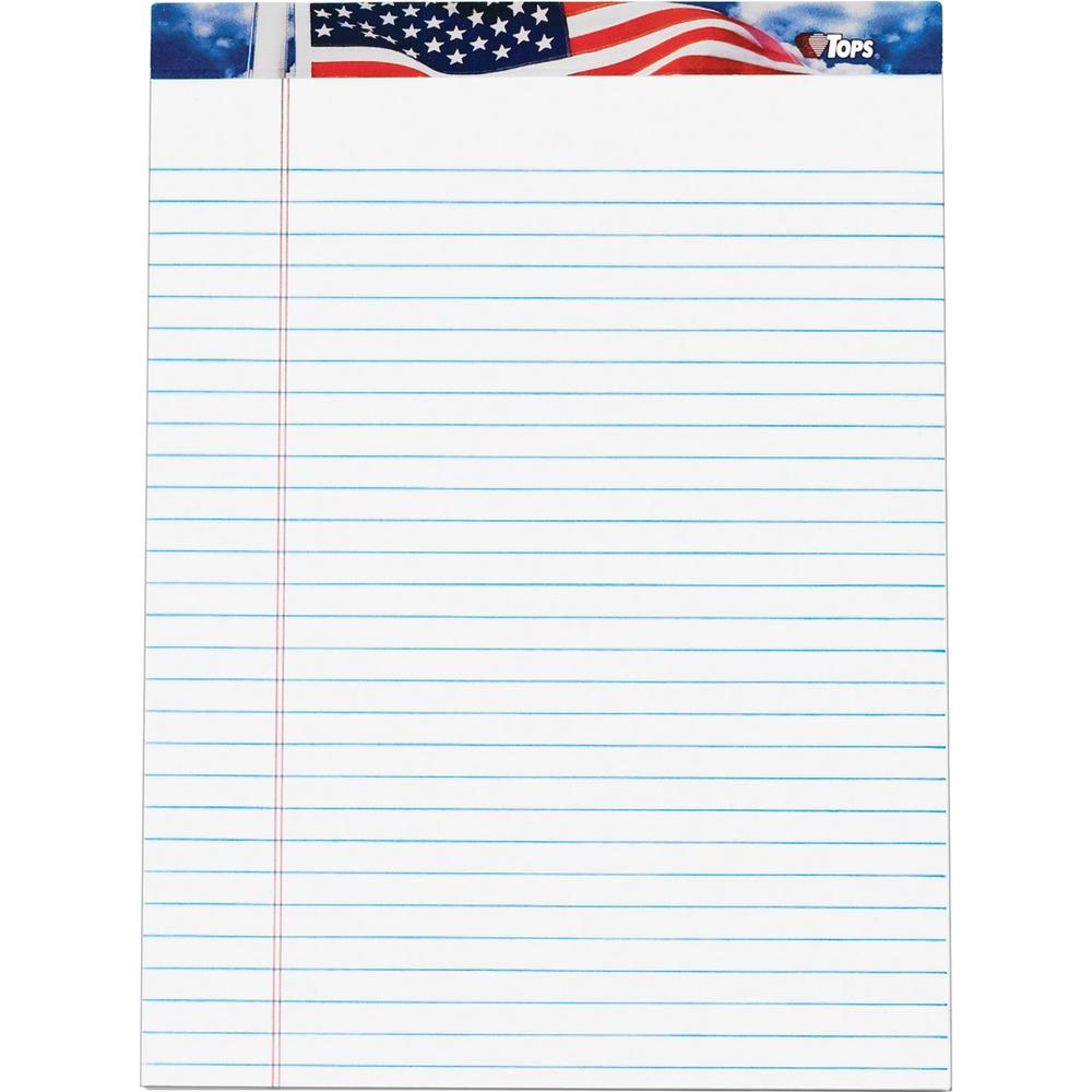 TOPS American Pride Writing Tablets - 50 Sheets - Strip - 0.34" Ruled - 16 lb Basis Weight - 8 1/2" x 11 3/4" - White Paper - Blue, Red, White Cover - Unpunched, Perforated - 12 / Pack. Picture 1